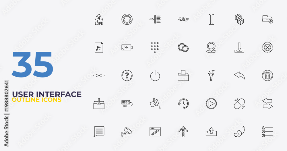 outline user interface icons set - gear option, play, numbering ...