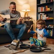 © Robi - Father plays guitar for his happy son who creates music with kitchen pots and spoons on the floor