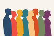 © Rakib - Diverse Group of People Silhouettes Standing in a Row Facing Right Side Profile, Flat Vector Illustration of Multi-Ethnic Men and Women Representing Inclusion, Equality, and Community Unity.
