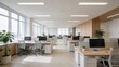 © Husen - A modern office space with rows of desks and computers overlooks a city through large windows.