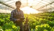 © 和田良一 - Young Japanese farmer with tablet in sunny greenhouse smart agriculture precision farming