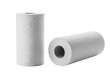 © Alexander - High-key macro shot of two transparent kitchen paper towel rolls (one standing, one lying) on a sterile background, showing deep embossed texture and sharp detail. concept of purity and hygiene