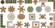 © Nuruzzaman - Top view vector illustration of outdoor patio furniture sets including wooden tables chairs umbrellas and garden landscape design elements
