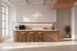 © Husin - Modern, minimalist cafe interior, featuring a light wood bar with stools, natural light, and a 'coffee' sign