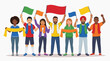 © Dhinaa - Diverse people holding colorful flags and scarves celebrating together outdoors