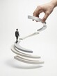 © root.dsgn - A businessman stands on a spiraling staircase, with a hand adding the next step, symbolizing career advancement and opportunity.
