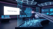 © Wlady Widia - A futuristic virtual reality interface displays a globe with a robotic hand interacting in a high-tech laboratory environment with screens and data visualizations.