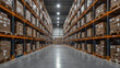 © siraphol - Large industrial warehouse aisle with pallet racking and stacked cardboard boxes conveying