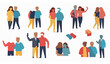 © Hanif - Playful friendship vector set with couples and friends hugging walking talking and taking selfie isolated flat illustration