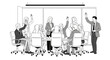 © Upox - Business meeting decision, voting at conference table, teamwork concept, diverse group raises hands