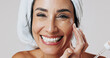 © peopleimages.com - Skincare, portrait and woman with dropper in studio, hyaluronic acid treatment or anti aging product. Smile, glowing skin or mature person with wrinkle serum for hydration, beauty or white background