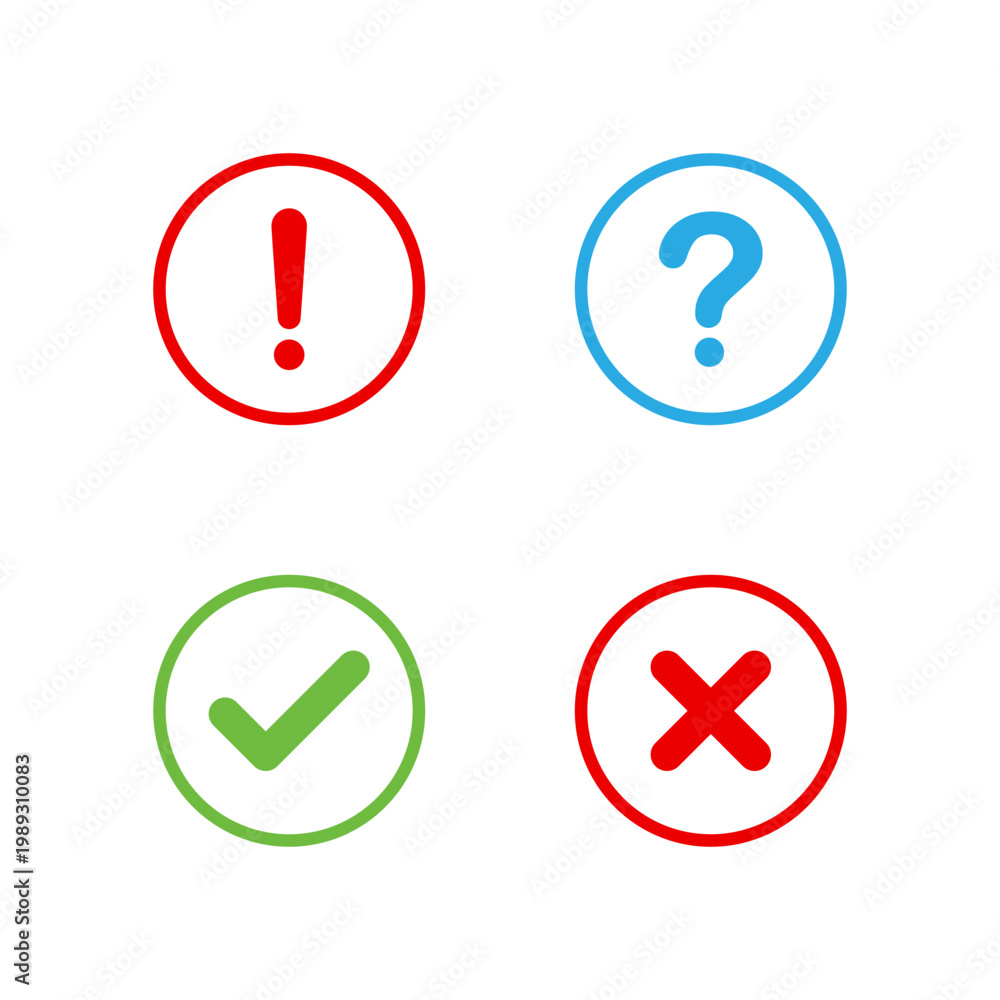 Exclamation, question, check, and cross mark icon in circular outline ...