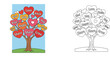 © MMONIR - Heart tree with kindness words love share and grow coloring page and color illustration set for children social emotional learning activity and classroom poster theme