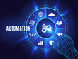© hunzra - A futuristic illustration of automation technology with a glowing blue interface and a robotic hand interacting with gears and icons.