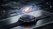 © Huzaifa - Advanced smartwatch displays a vibrant holographic projection of a rotating spiral galaxy above its round dark sleek glass interface screen