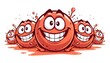 © jabbarartworks - A group of cheerful cartoon tomatoes with big smiles and eyes are playfully rolling around in a puddle of juice on a white background.