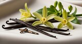 Fragrant vanilla beans and delicate orchids displayed artistically