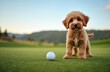 © Viktor - Fluffy puppy sits on green golf course next to golf ball. Cute dog on grassy field under blue sky. Pet explores landscape, happy companion enjoys outdoors. Animal portrait, doggy fun.