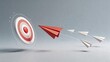 © Sophia - Business paper airplane strategy leading to target success goal achievement with red leader aircraft ahead of white team flying formation towards bullseye mark on gray background
