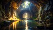 © Wawa - A serene and mystical cave with a glowing tunnel and a reflective stream
