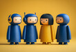 © Audrey - AI assistant, business and technology, chatbot team support service concept. Group of blue peg dolls with chat robot face icon, standing together with conversation on yellow background, minimalist.