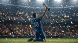 Soccer player celebrating victory holding trophy cup on stadium with falling confetti