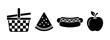 © YENI - Classic black and white graphic icons for summer picnics basket, watermelon, hot dog, and apple, perfect for various outdoor food and event designs