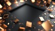 © www.freund-foto.de - Schwarze elegante Fläche mit schwebenden goldenen geometrischen Formen und Bokeh-Lichteffekten auf dunklem Hintergrund