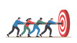 © Design Point - A diverse business team collaboratively pushing a large red and white target towards achieving a common goal.