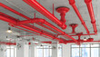 © Jack - Bright red sprinkler pipes and sprinkler heads installed on a ceiling. Fire suppression system ensures safety, protection against potential fire hazards in building, indoor infrastructure.