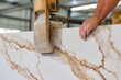 © whitestorm - Close-up of a worker's hand guiding a slab of white quartz countertop with natural brown veining.