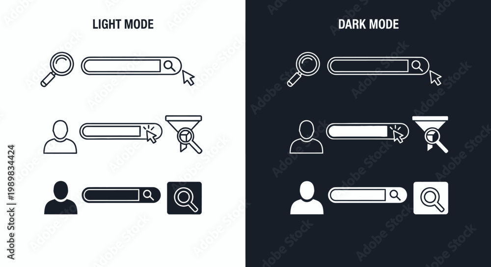 Search Bar Filter Example UI search bar and filter elements in light and dark mode for web and ...