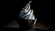 © VISUALCRAFT - Mysterious dark soft serve dessert adorned with golden sprinkles, presented in a unique textured cup, exuding luxurious gourmet elegance