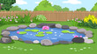 © Mundhut - A serene pond scene depicts a vibrant garden with water lilies, rocks, a fence, and flourishing greenery