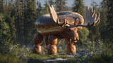 a towering, doughy monstrosity—part moose, part donut—standing in a sun-dappled forest clearing, its absurdity both majestic and unsettling. The creature's body is a massive, glazed donut, its cinnamo