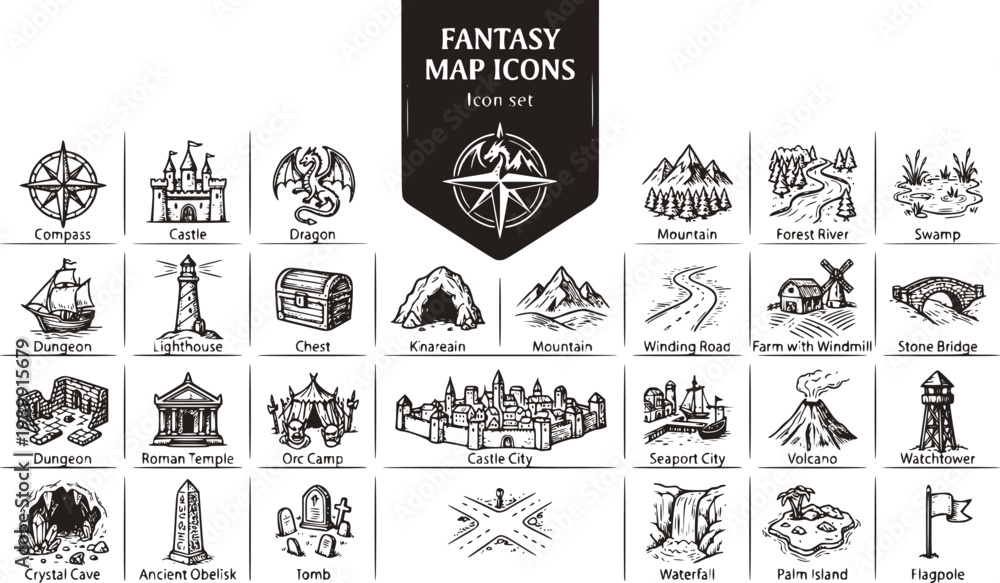 Fantasy Map Icons Collection Set Vintage Sketch Style Cartography ...