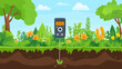 © Mundhut - A vibrant cartoon scene depicting a garden with a soil moisture meter in use