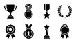 © fr - Award and trophy icon set, black silhouette medals and achievement symbols, 8 vector elements for sports competition and business success