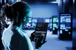 © DC Studio - Computer scientist builds firewall protection systems in server room housing advanced infrastructure. High tech facility manager runs code on tablet to upgrade data center rigs