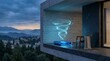 © Saproll avenue - Futuristic blue device projecting a mesmerizing glowing energy vortex on a sleek concrete balcony, showcasing advanced technology and an ethereal dynamic visual display.