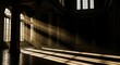 © Mona - Sunlight beams through tall arched windows, illuminating a grand architectural interior with dramatic light and long shadows, creating a profound and mysterious low-key atmosphere