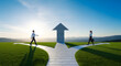 © mdAbu - Two People Standing On A Path With An Arrow Pointing Upwards In A Green Field