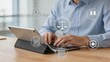 © Madison - Businessman typing on tablet digital justice concept with law icons scale of justice legal documents court gavel secure shield checklist