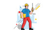 © Elma - Young technician wearing a safety helmet and blue shirt carries a folder and a screwdriver against a creative background with geometric shapes.