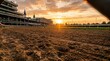 © John Carry - A serene horse racing track at sunset with a grandstand in the background