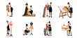 © Maya - Vector illustration set of a professional seamstress and fashion designer working in her studio, designing dresses, suits, and patterns.