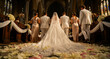 © SARINA LISA MEIER - Bride and groom walk towards the altar in a grand cathedral during a formal wedding ceremony. Bridesmaids and groomsmen follow the couple. Luxury marriage concept for event planning services.
