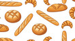 © Michael - Delicious seamless pattern featuring various types of fresh bread including golden baguettes, round loaves, and buttery croissants.