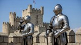 Two medieval knights in silver armor stand guard in front of a castle