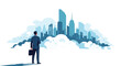 © MS - Visionary businessman standing in the clouds while looking towards a futuristic city skyline representing corporate goals and success.
